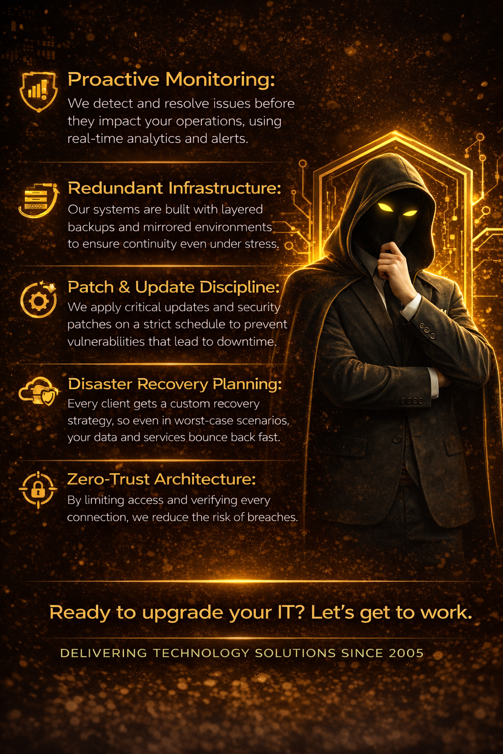 ResistOps managed IT services scope including monitoring patching troubleshooting and security